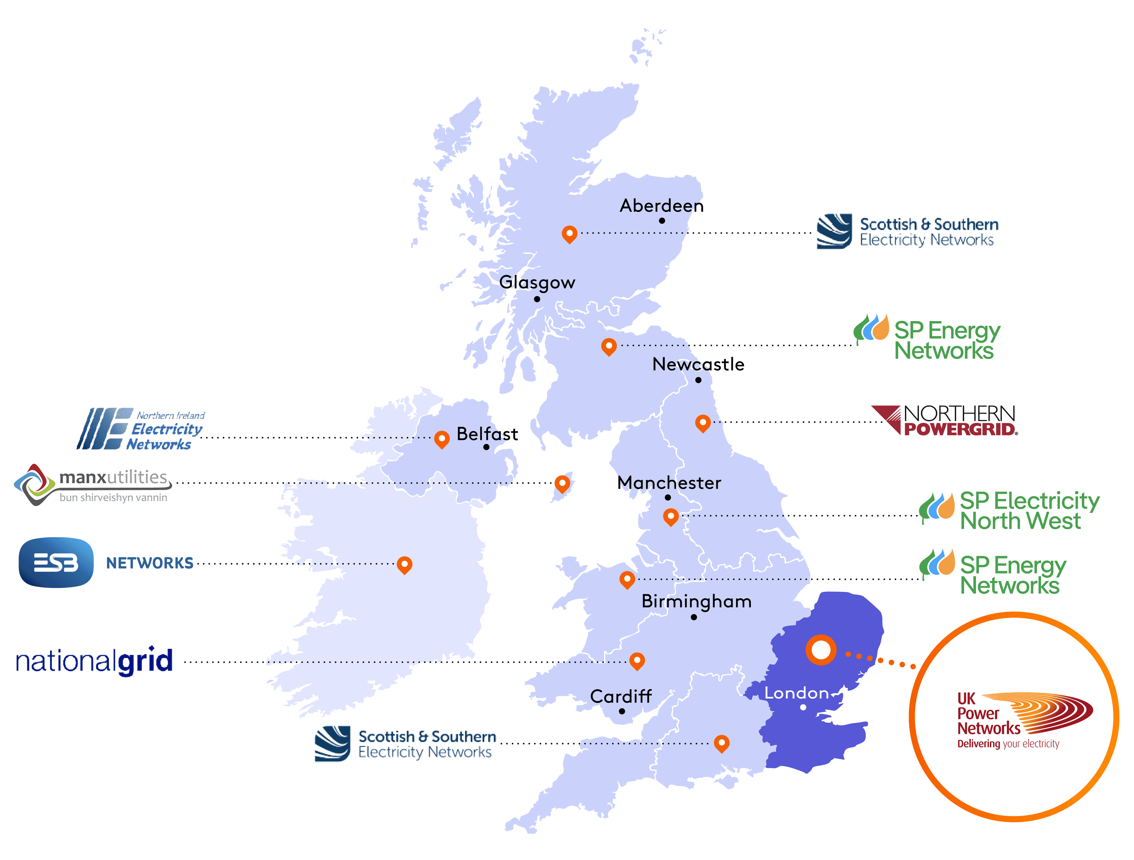 Map showing different distribution network operators. Refer to the table below for information.